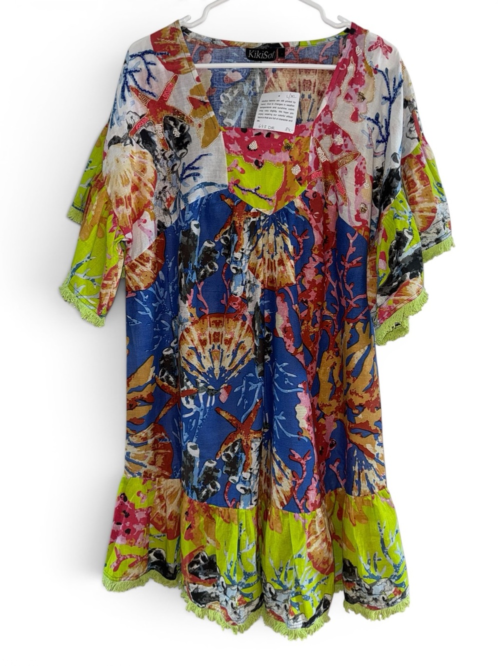 KikiSol Floral & Seashell Print Tunic - Blue, Pink & Lime, Fringe
